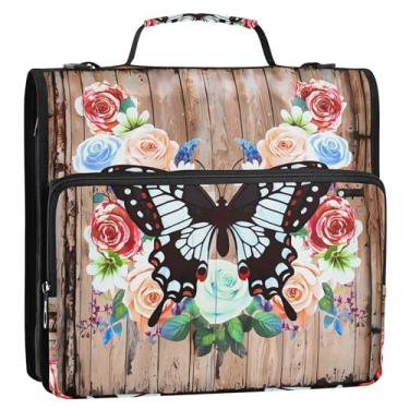 Imagem de Engraçado fichário com 3 anéis de 3,8 cm, anel D, borboleta, floral, de madeira, zíper, organizador, estojo de armazenamento com alça para fichários escolares com alça de ombro