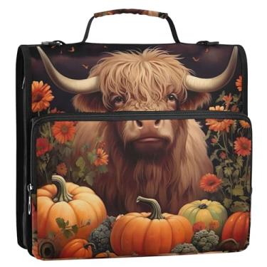 Imagem de Organizador de fichário com zíper outono vaca abóbora laranja 3,8 cm 3 anéis rosa bolsa de fichários escolares com alça de ombro estojo de armazenamento portfólio com alça de ombro com alça