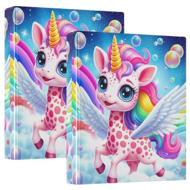 Imagem de Fichários personalizados de unicórnio colorido com asa branca de 3 cm, 3 anéis, 200 folhas, fichário para prancheta, 31,5 x 27 x 6 cm, pacote com 2