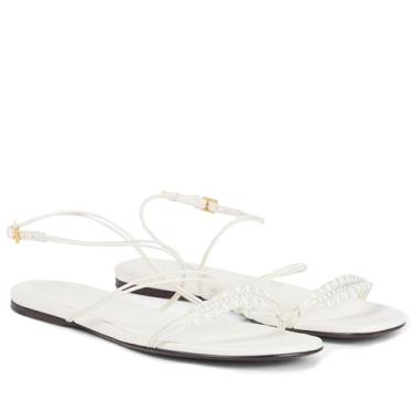 Imagem de MAIJED Sandálias rasteiras femininas de bico aberto com tiras e fivela no tornozelo com tira nas costas, sapatos rasos casuais para o verão na praia, Branco, 35