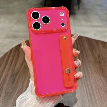 Imagem de Capa de silicone transparente de luxo com fluorescência brilhante para iPhone 17 Air 16 15 14 13 Mini 12 Pro Max Plus com alça de pulso e suporte (para iPhone 15 Plus/Rosa)