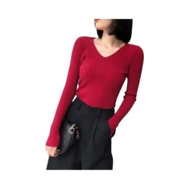 Imagem de Suéter Feminino De Tricô Gola V Slim Fit Manga Longa Cor Sólida Moda C