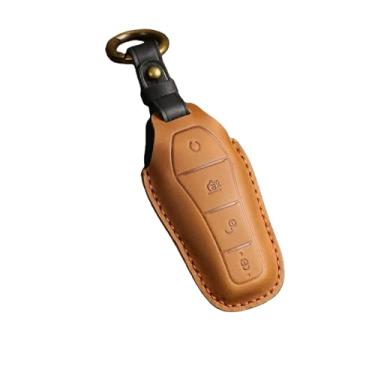 Imagem de Capa de couro genuíno para chave de carro, compatível com byd atto 3 han ev golfinho, 4 botões, controle remoto, capa protetora, acessórios automotivos(Brown)