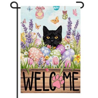 Imagem de Welcome Easter Cat Garden Flag 30,5 x 45,7 cm, placa dupla face para quintal pequeno com gato preto, ovos e flores da primavera, decoração externa com estampa de pata fofa para varanda e gramado