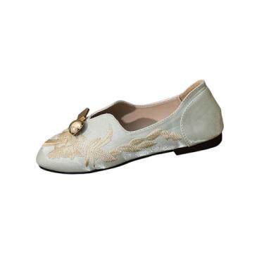 Imagem de Sapatos femininos versáteis com sola macia, bordados, decorados em metal, plus size, salto baixo, confortável, casual, mocassim de pano, Verde, 35