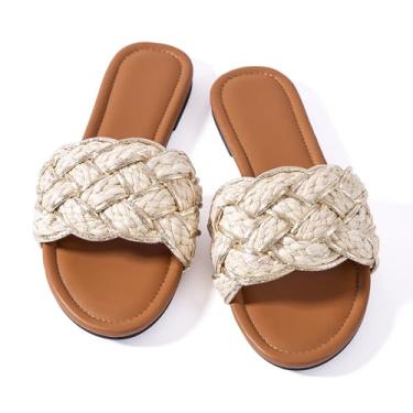 Imagem de Mtzyoa Sandálias rasteiras femininas de couro trançado nude verão elegantes para festas noturnas e casamentos, Bege/palha dourada, 40