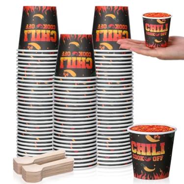 Imagem de Teenyyou 100 peças de 142 g Chili Cook Off Decorações de Festa Mini Chili Preto Cook Off Copos de Degustação de Amostra Descartáveis Tigelas de Papel e Colheres de Madeira para Competição de Pimenta