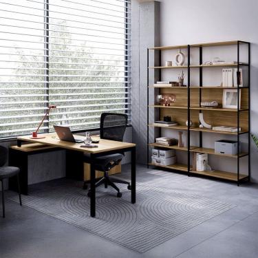 Imagem de Mesa Escrivaninha em L com Balcão Lateral Gavetas Porta e 2 Estantes Escritório Industrial Executive Nogal /Preto