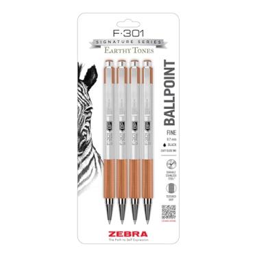 Imagem de Zebra Pen Caneta esferográfica retrátil F-301, 0,7 mm, tinta preta, barril de aço inoxidável durável com detalhes em tons terrosos, detalhes em barril de terracota, pacote com 4 (27294)