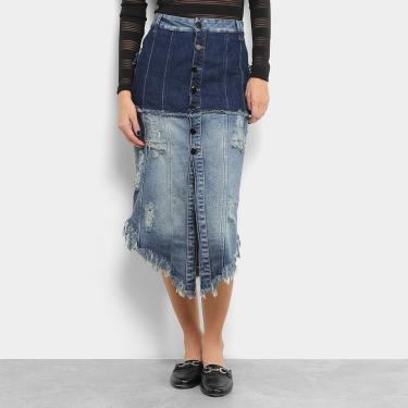 Imagem de Saia Jeans Midi Open Puídos Feminina-Feminino