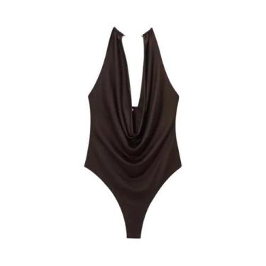 Imagem de Body Feminino Slimming Com Decote Halter Em Marrom E Branco, Sem Manga