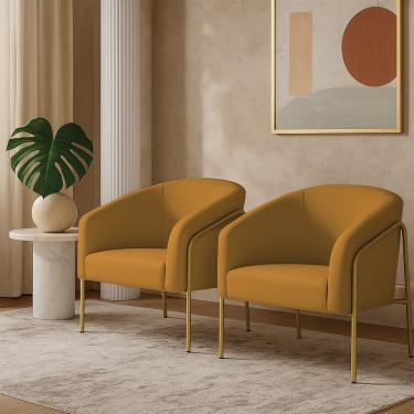 Imagem de Poltrona Sala Decorativa Kit 2 Stella Base Alta Tubo Dourado Veludo Mostarda D03 - D'Rossi