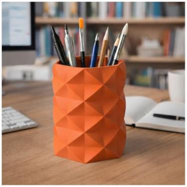 Imagem de Porta Canetas, Lápis, Pincel Geométrico Low Poly, Design Moderno, Organizador de Mesa, Estilo Minimalista (Laranja)