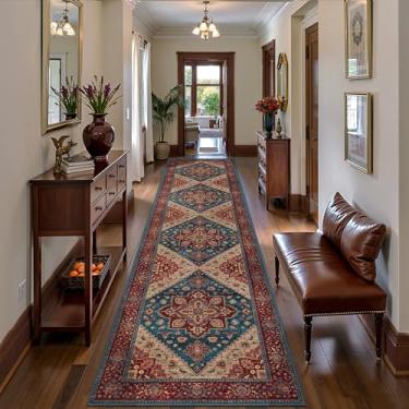 Imagem de Tangsoo Tapete de corredor lavável de 6 x 25 cm para corredores, tapete floral vintage antiderrapante, tapete longo macio e baixo, tapete vermelho para cozinha, quarto, entrada, sala de estar