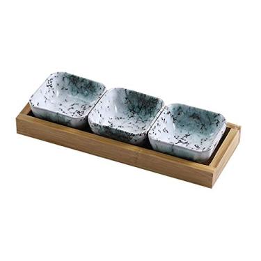 Imagem de Bandeja de prato de lanche 94 g tigelas de molho de soja pratos laterais para lanche sushi frutas aperitivo sobremesa cerâmica molho/tigelas de imersão conjunto de 3 com bandeja de bambu pratos de