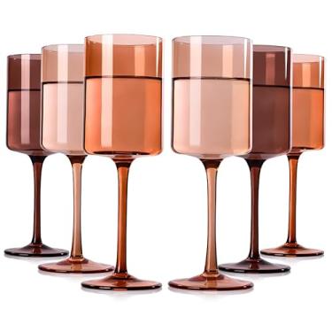 Imagem de Conjunto de 6 taças de vinho coloridas Venus, sopradas à mão, 400 ml, taças de vinho de cristal marrom com hastes altas e longas, copos de cor âmbar - presentes exclusivos para mulheres, casamento