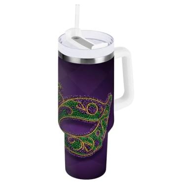 Imagem de Blueangle Copo isolado de máscara de carnaval de 1,134 g com alça e tampa de palha, caneca de viagem reutilizável de aço inoxidável (731)