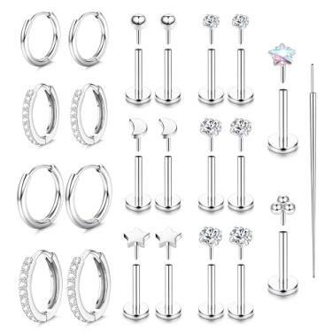 Imagem de Sanfenly Brincos de pressão de 16 G, 18 G, 20 g, costas planas, hipoalergênicos, sem fios, brincos de cartilagem de aço cirúrgico 316L para mulheres, 18G（1.2MM)-Butterfly&CZ, Aço inoxidável, Sem pedra