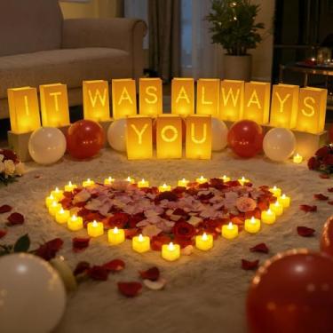 Imagem de It was Always You Light Up Letters Luminary Bags, Special Night Romantic Decoration with Bright LED Candles and Fake Rose Petals, Valentine's Day, Happy Birthday, Proposal Decoration