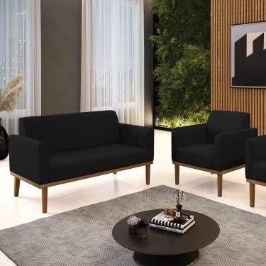 Imagem de Conjunto Poltrona e Namoradeira Decorativa Isabella Pés Fixo em Madeira Castanho Linho Preto G19 - Gran Belo