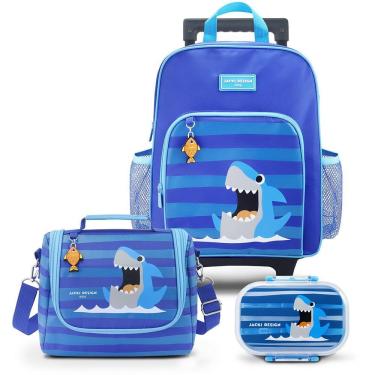 Imagem de Kit Mochila Com Rodinhas E Lancheira Térmica Com Pote P/ Lanche Azul