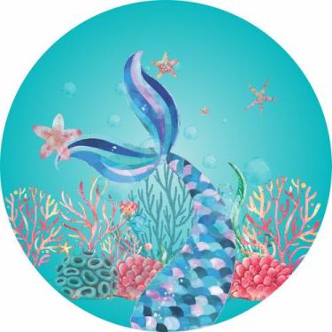 Imagem de Painel de Lona Redondo Fundo do Mar Rabo de Sereia e Estrelas do Mar -