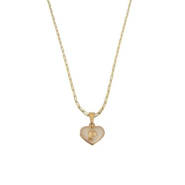 Imagem de Colar Cartier 45Cm Coração Branco Letra P Banhado Ouro 18K