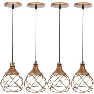 Imagem de 4 Pendentes Aramado E s f e r a B a l o n ê Cobre Rose Gold Lustre Luminária Teto Regulável Sala Cozinha