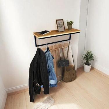 Imagem de Prateleira Aço Estilo Industrial Tampo Madeira 17x62cm c/ Ganchos - Mo