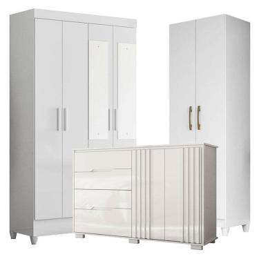 Imagem de Guarda Roupa com Espelho Infantil Madri com Cômoda Texas e Armário Multiuso New Íris Branco Brilho – Moval