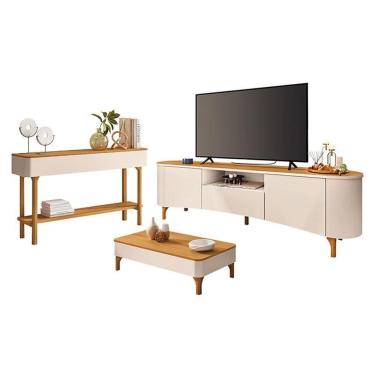 Imagem de Rack Bancada Elara com Mesa de Centro Liz e Aparador Fiero Off White Cinamomo - HB Móveis