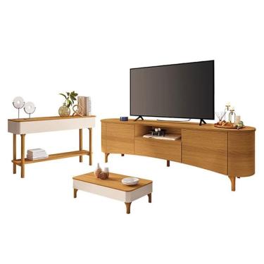 Imagem de Rack Bancada Elara Cinamomo com Mesa de Centro Liz e Aparador Fiero Off White Cinamomo - HB Móveis