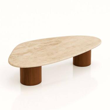 Imagem de Mesa de Centro Astrid 137x90 cm Base dupla Nogueira Tampo Mármore Travertino