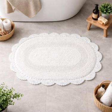 Imagem de Tapete Banheiro Kacyumara Oval Crochê Piso Atoalhado Algodão, BRANCO