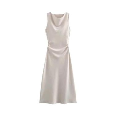 Imagem de Vestido Midi Elegante De Cetim Sem Mangas Com Decote Drapeado Para Mul