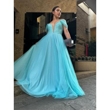 Imagem de Vestido de Festa Azul Feminino Longo Adulto Tamanho M tecido poliester