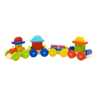 Imagem de Trem Grande Madeira 4 Vagões Formas Brinquedo Educativo Pedagógico - P