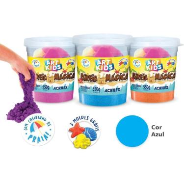 Imagem de Massa de Areia Mágica Azul 550g com 3 Forminhas Tema Praia Experiência Sensorial Acrilex