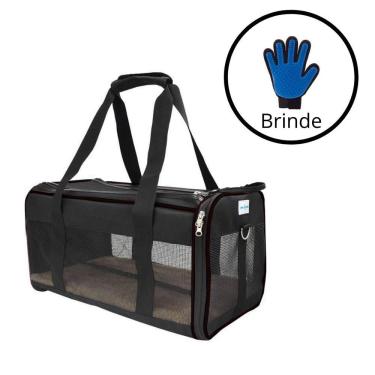 Imagem de Kit Bolsa Pet Transporte Preta + Luva Tira Pelos