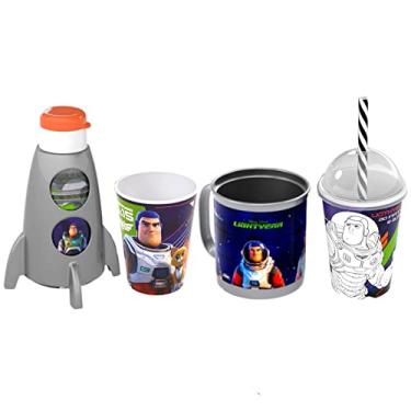 Imagem de Kit Infantil Buzz Lightyear com 2 Copos Caneca Giratória e Garrafa Foguete