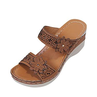 Imagem de Sandálias para mulheres sandálias de verão dedo do pé sapatos de moda femininos sem cadarço flores anabela Peep praia respirável sandálias femininas, Marrom, 6.5