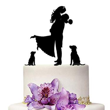 Imagem de YAMI COCU Topos de bolo de casamento noiva e noivo com dois cães de estimação animal cor preta silhueta acrílica decoração festa de casamento noivado