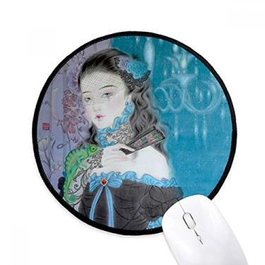 Imagem de Mouse pad azul clássico menina estilo chinês aquarela escritório tapete redondo para computador