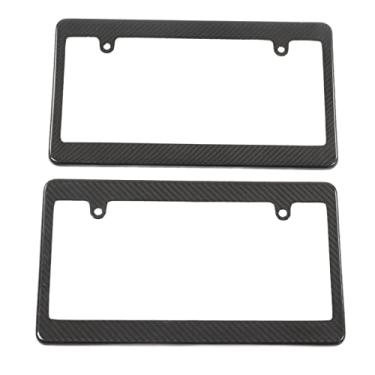 Imagem de Moldura para placa de carro, Fydun 2 peças Moldura de placa de carro de fibra de carbono preta brilhante universal para Mustang Explorer F350