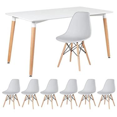 Imagem de Loft7, Kit - Mesa de jantar retangular Eames 80 x 140 cm branco + 6 cadeiras Eiffel Dsw Cinza claro
