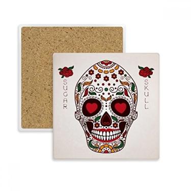 Imagem de Porta-copos quadrado de caveira de açúcar branco com olhos cirrus, porta-copos para caneca com suporte de subplaca pedra isolante