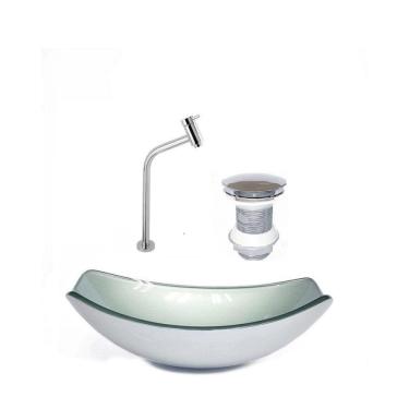 Imagem de Kit Cuba de Vidro + Torneira para Lavatório Oval Chanfrada 36cm Prata