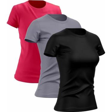 Imagem de Kit 3 Camisetas Dry Fit Feminina Academia Treino Corrida Proteção UV Poliéster (BR, Alfa, G, Regular, Pink/Cinza/Preto)