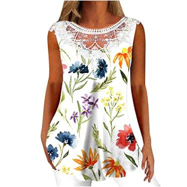 Imagem de Camiseta feminina de renda estampada para sair, plus size, sem mangas, elegante, blusa de verão, boho, colete formal, Branco, XXG