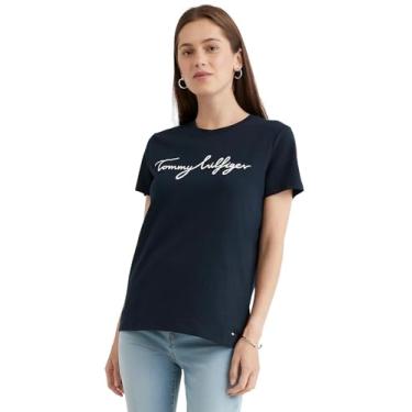 Imagem de Tommy Hilfiger Camiseta feminina de algodão de desempenho – Camisetas estampadas leves, Logotipo característico impresso Desert Sky Navy, M